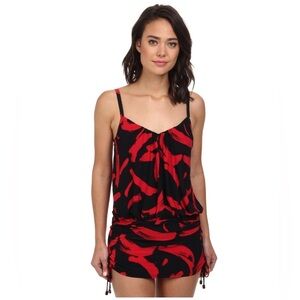 Magicsuit Red and Black Ruched Underwire One Piece Swimsuit Dress Size 12